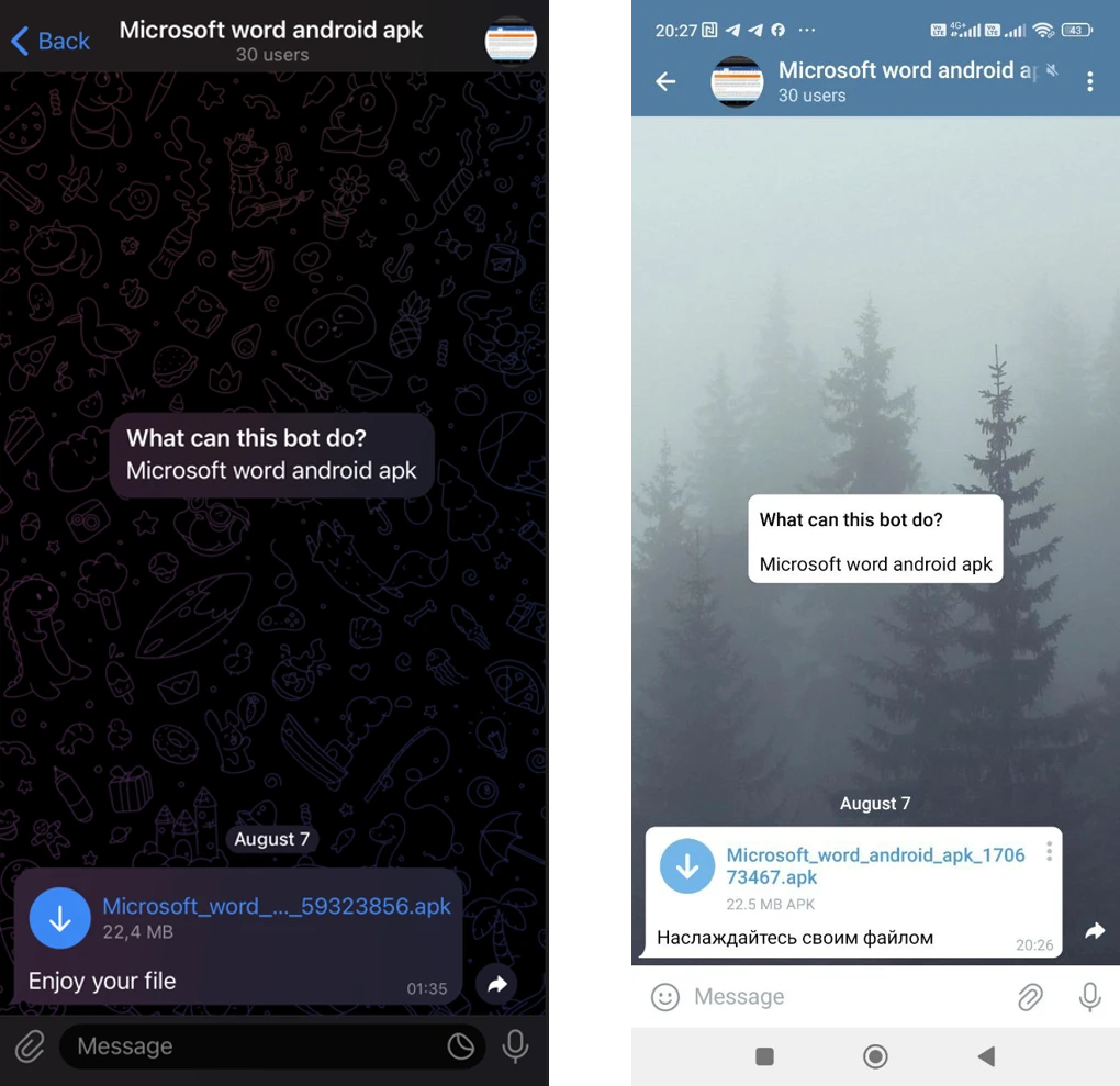Two screenshots of Telegram chats in a group named “Microsoft word android apk”.