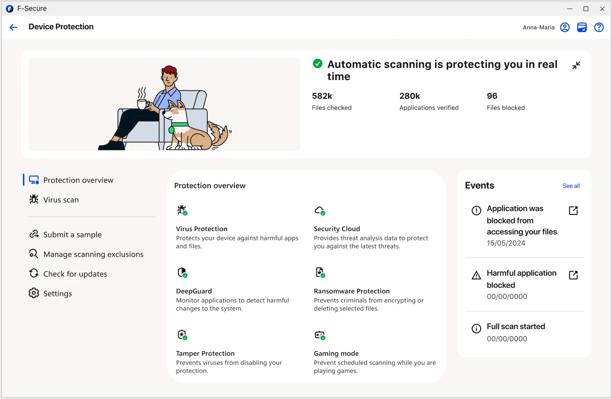 De weergave “Apparaatbeveiliging” van de Total UI op een laptopscherm met de tekst “Automatisch scannen beschermt je in realtime”.