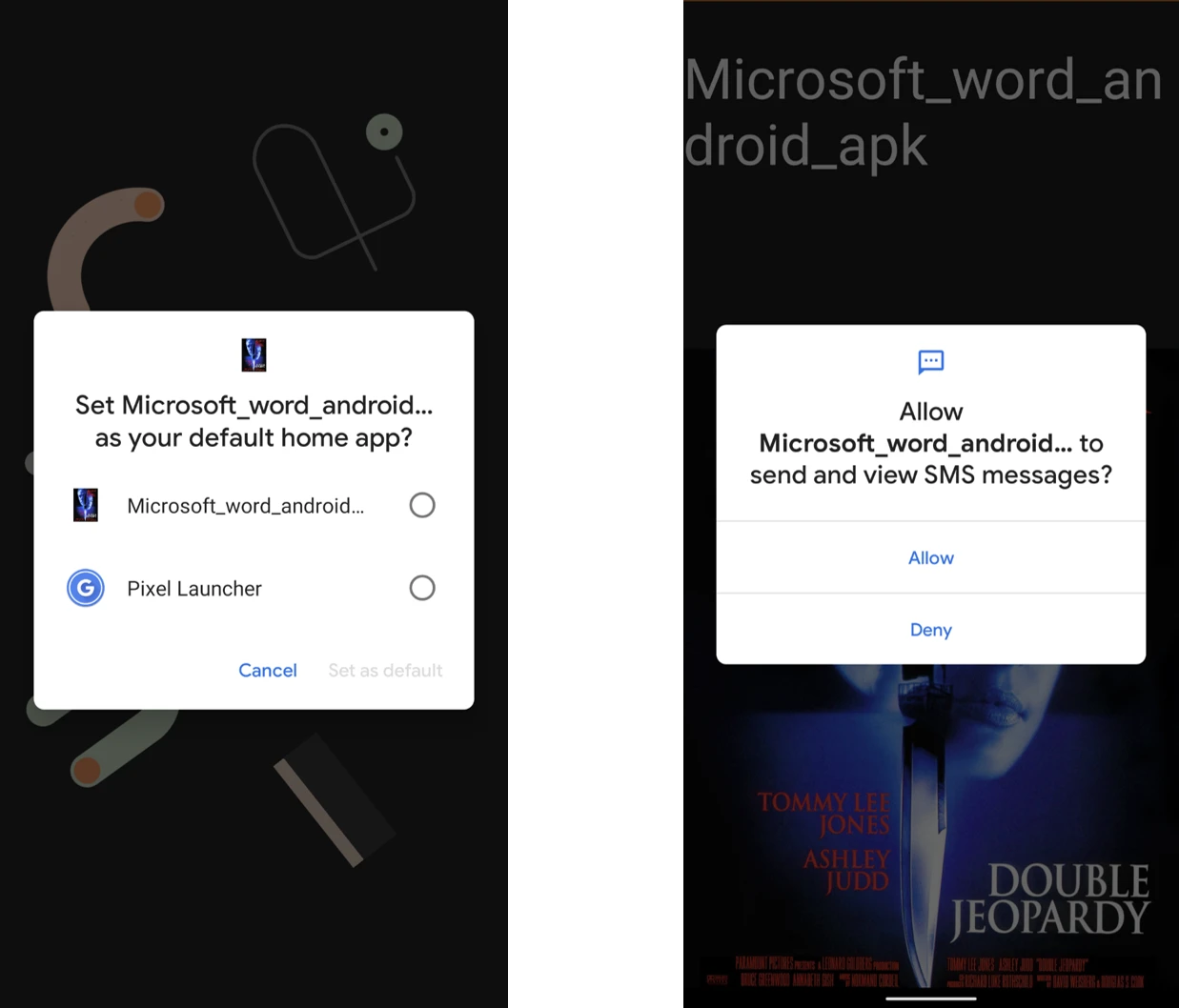 Screenshots of the malicious app asking to be set as the default home app and to be allowed to send and view text messages.