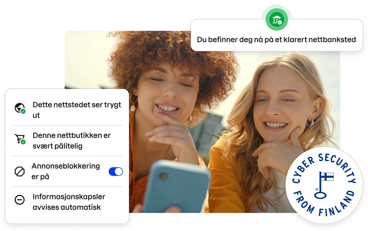 Fragments of the Total app UI lining a stock photo of two young women looking at a phone.