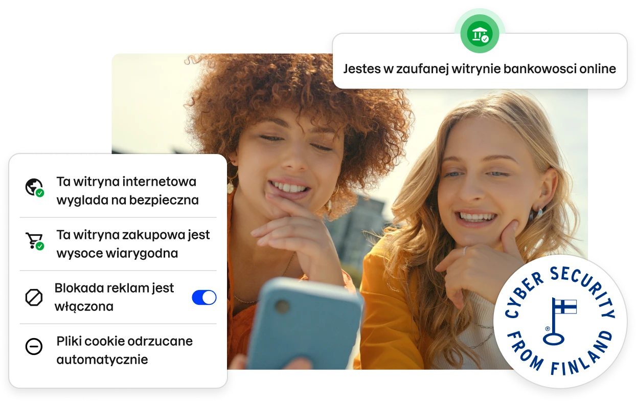Fragments of the Total app UI lining a stock photo of two young women looking at a phone.