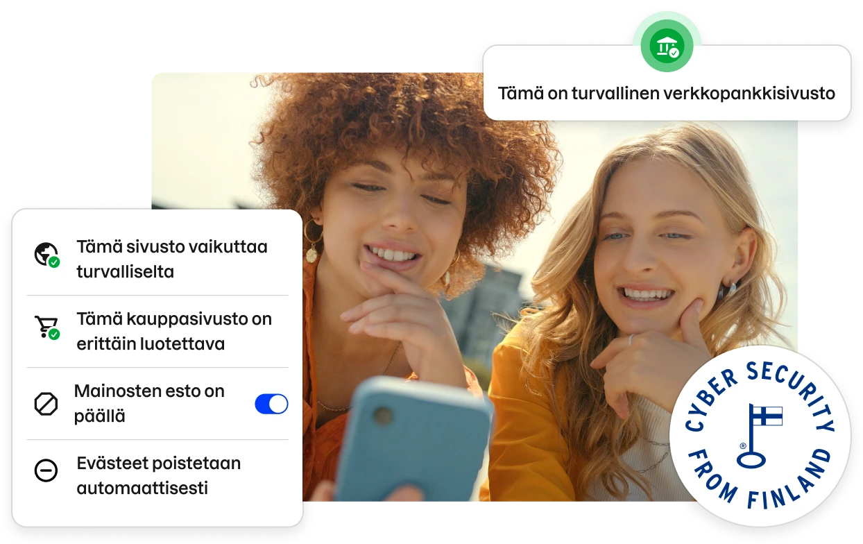 Osia Total-sovelluksen käyttöliittymästä reunustamassa kuvaa kahdesta nuoresta naisesta, jotka katsovat puhelinta.