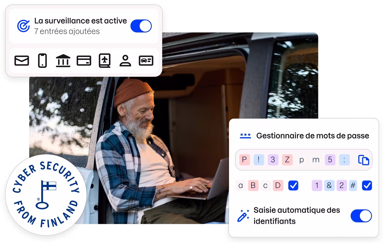 Un badge « Cybersécurité depuis la Finlande » et des fragments de l’interface utilisateur de l’application Total entourant l’image d’un homme assis dans une camionnette, tapant sur un ordinateur portable.