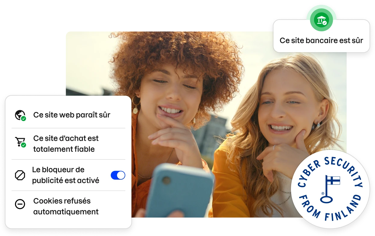 Des fragments de l’interface utilisateur de l’application Total bordent une photo d’archive de deux jeunes femmes regardant un téléphone.
