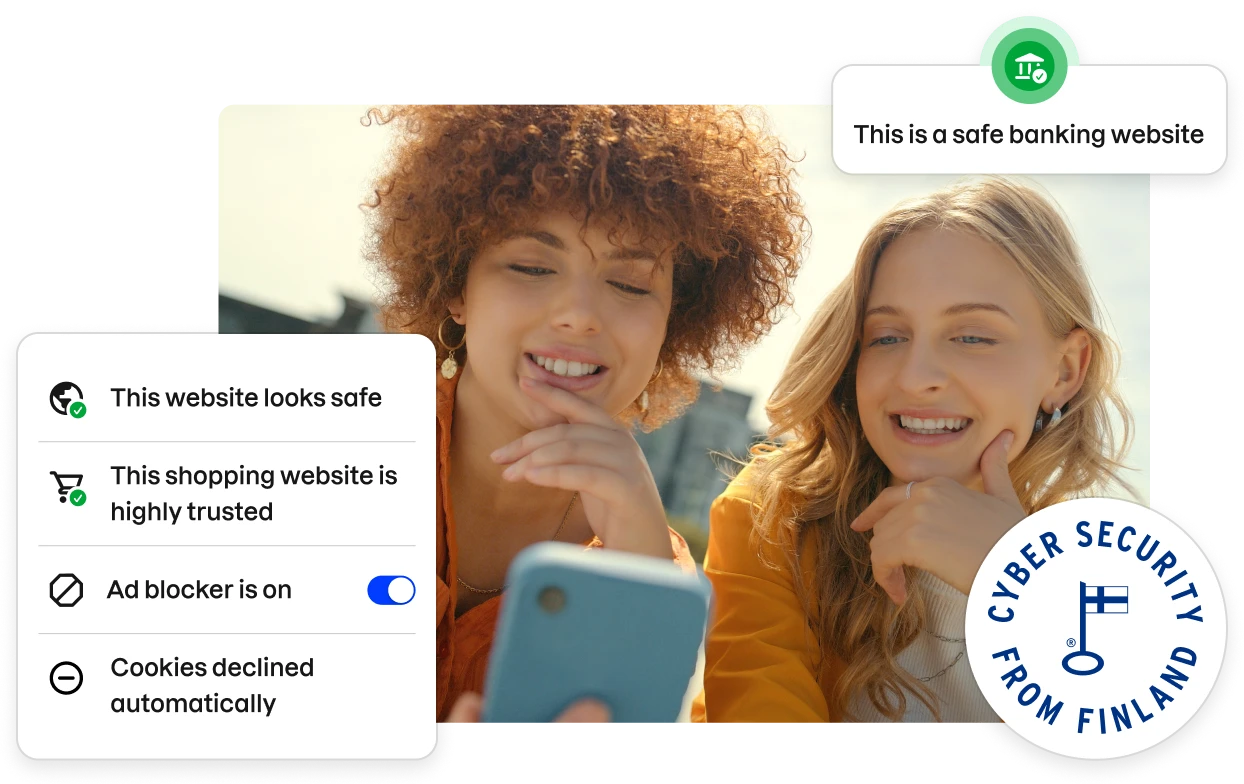 Fragments of the Total app UI lining a stock photo of two young women looking at a phone.