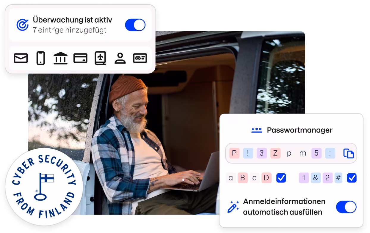 Ein Abzeichen mit der Aufschrift „Cyber security from Finland“ und Fragmente der Benutzeroberfläche der Total-App umrahmen das Bild eines Mannes, der in einem Van sitzt und auf einem Laptop tippt.