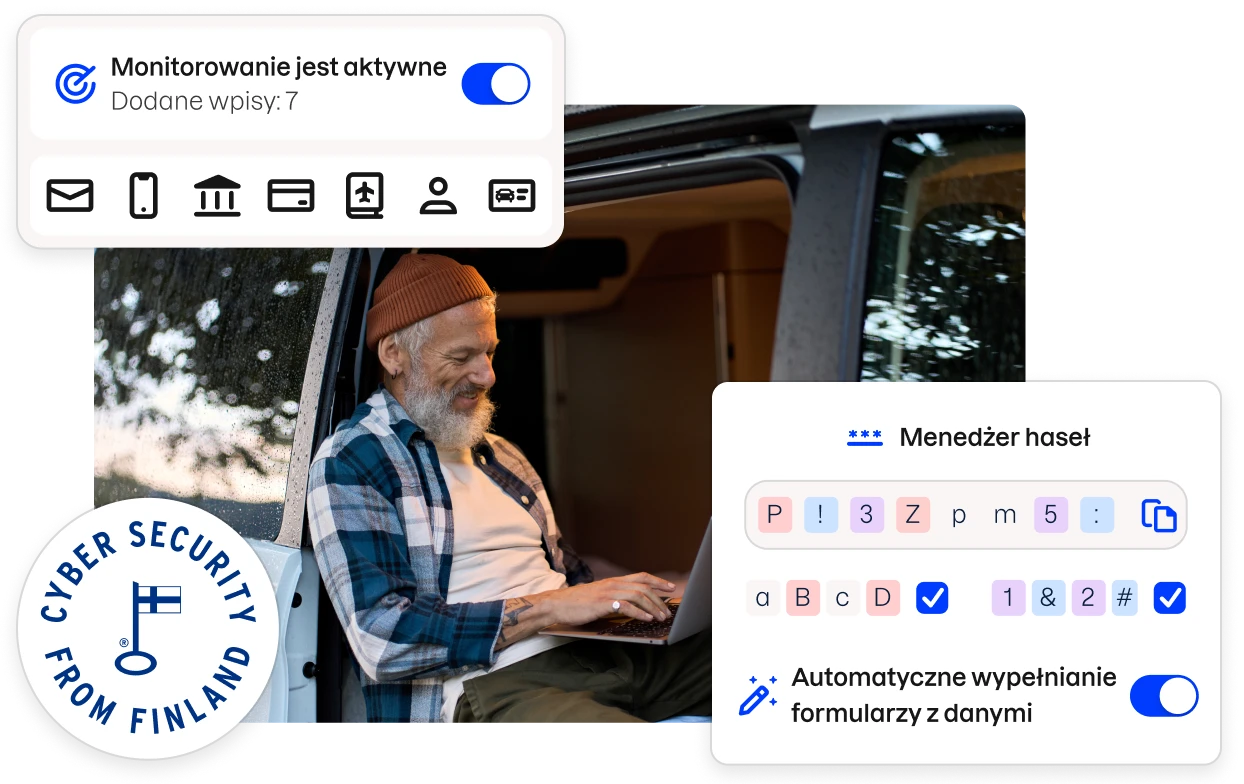 Odznaka „Cyber security from Finland” oraz fragmenty interfejsu użytkownika aplikacji Total otaczające zdjęcie mężczyzny siedzącego w furgonetce i piszącego na laptopie.