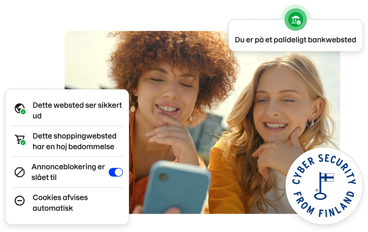 Fragments of the Total app UI lining a stock photo of two young women looking at a phone.