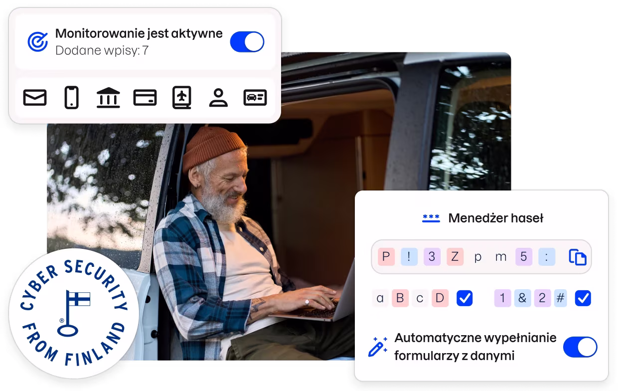 Odznaka „Cyber security from Finland” oraz fragmenty interfejsu użytkownika aplikacji Total otaczające zdjęcie mężczyzny siedzącego w furgonetce i piszącego na laptopie.