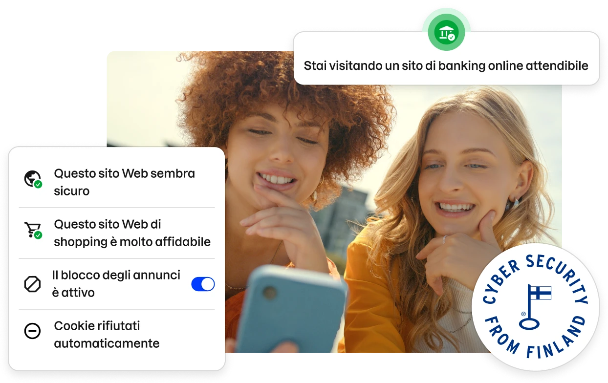 Fragments of the Total app UI lining a stock photo of two young women looking at a phone.
