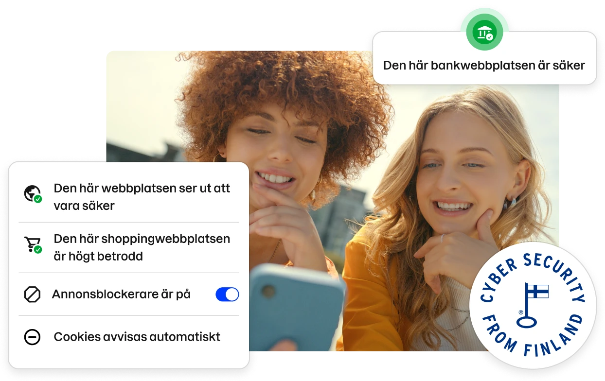 Fragment av användargränssnittet för Total-appen i linje med ett arkivfoto av två unga kvinnor som tittar på en telefon.