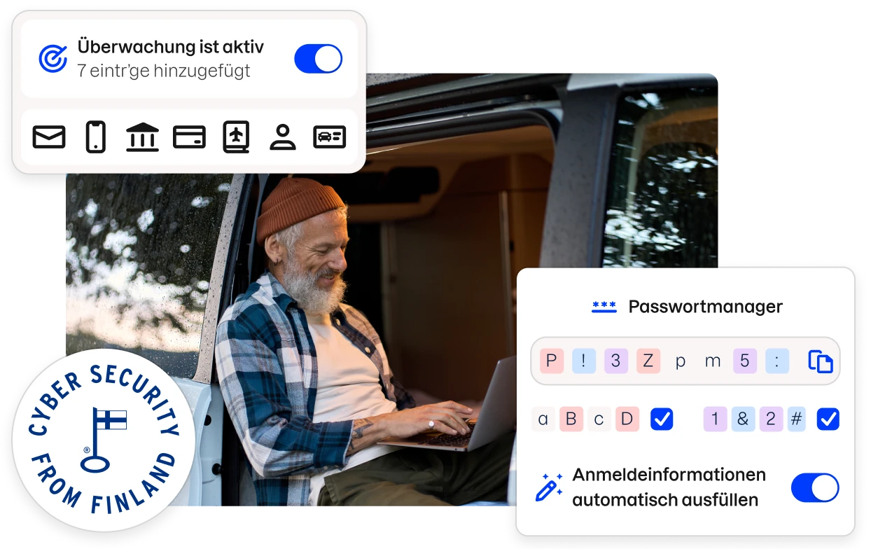 Ein Abzeichen mit der Aufschrift „Cyber security from Finland“ und Fragmente der Benutzeroberfläche der Total-App umrahmen das Bild eines Mannes, der in einem Van sitzt und auf einem Laptop tippt.