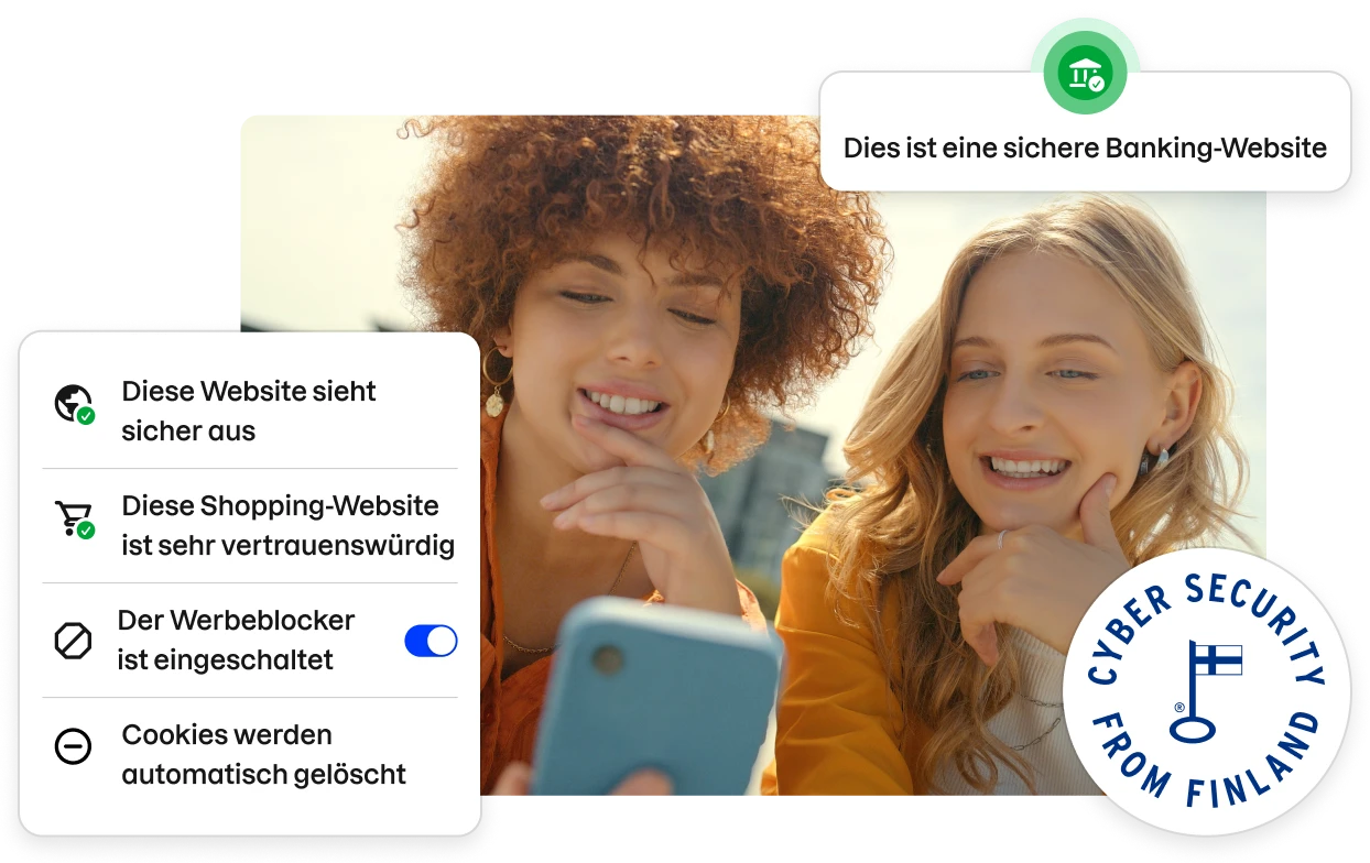 Fragmente der Benutzeroberfläche der Total-App unterlegen ein Archivfoto von zwei jungen Frauen, die auf ein Telefon schauen.