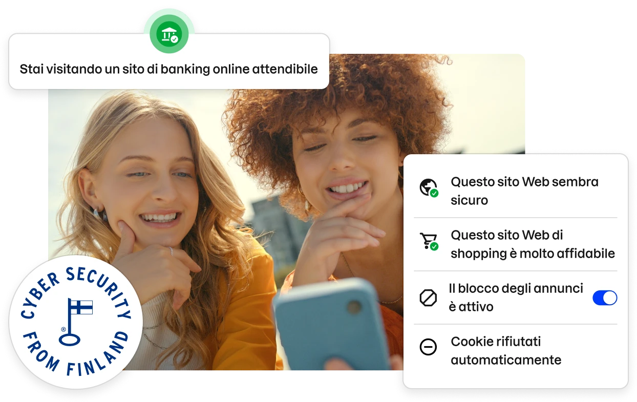 Fragments of the Total app UI lining a stock photo of two young women looking at a phone.