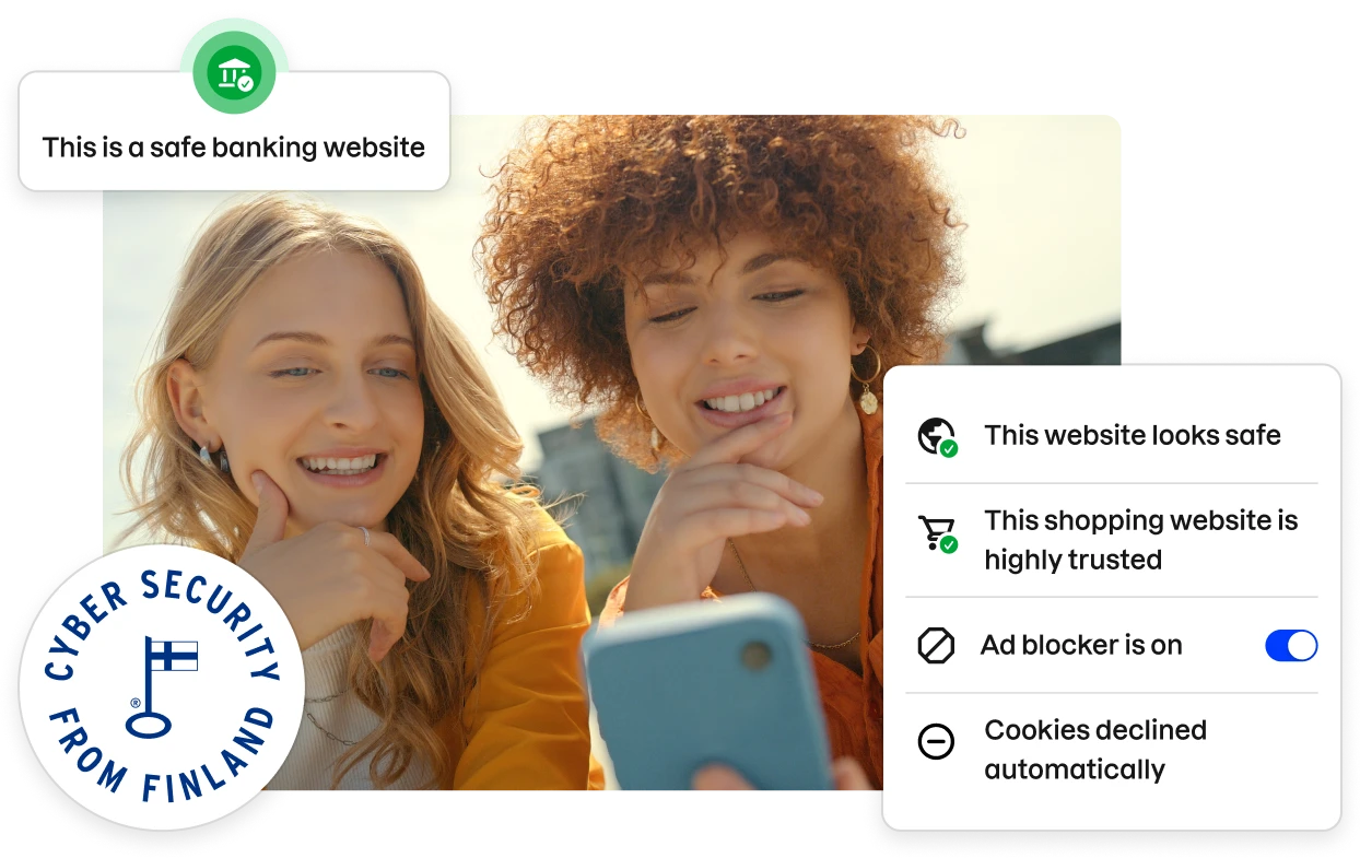 Fragments of the Total app UI lining a stock photo of two young women looking at a phone.