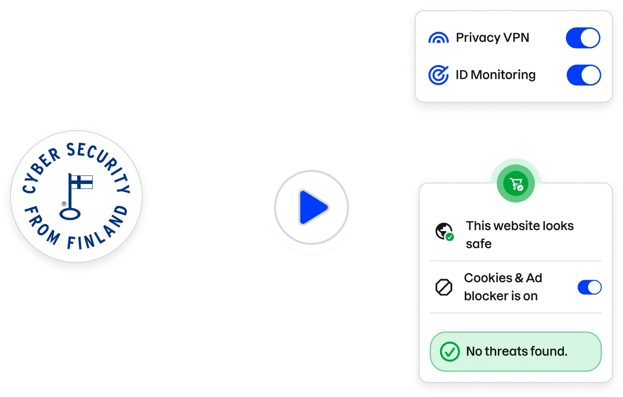 A “Cyber security from Finland” badge, fragments of the Total app UI, and a play icon over a video thumbnail.