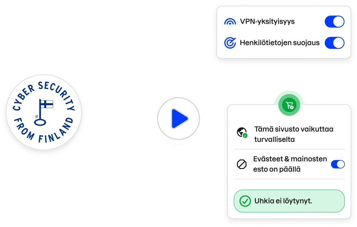 ”Kyberturvallisuutta Suomesta” -avainlippumerkki, osia Total-sovelluksen käyttöliittymästä ja toistokuvake videon käynnistämiseksi.