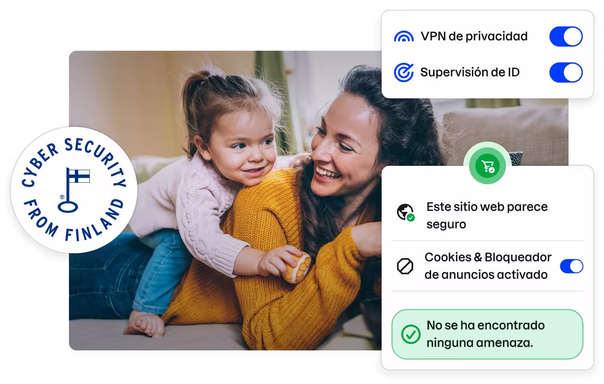 Una insignia con el lema «Cyber security from Finland» y fragmentos de la interfaz de usuario de la aplicación Total que enmarcan una foto de archivo en la que aparecen una madre y una hija sonriendo.