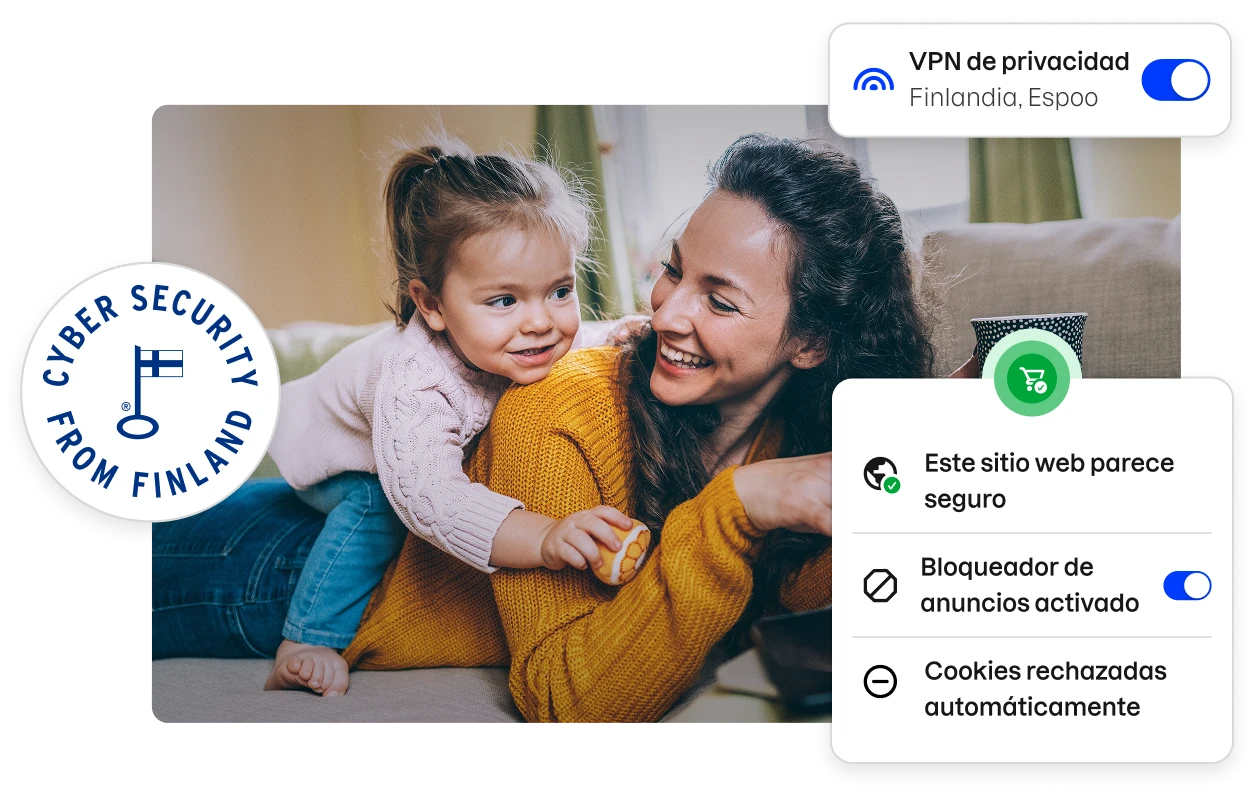 Una insignia de «Ciberseguridad desde Finlandia» y fragmentos de la interfaz de usuario de la aplicación Total sobre una foto de archivo de una madre y su hija sonriendo.