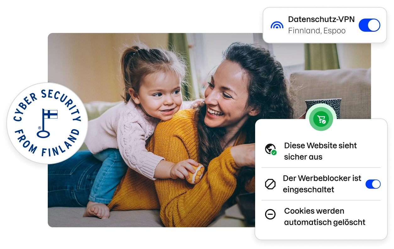 Eine „Cybersicherheit aus Finnland“-Plakette und Fragmente der Total-App-Benutzeroberfläche untermalen ein Archivfoto einer lächelnden Mutter und Tochter.