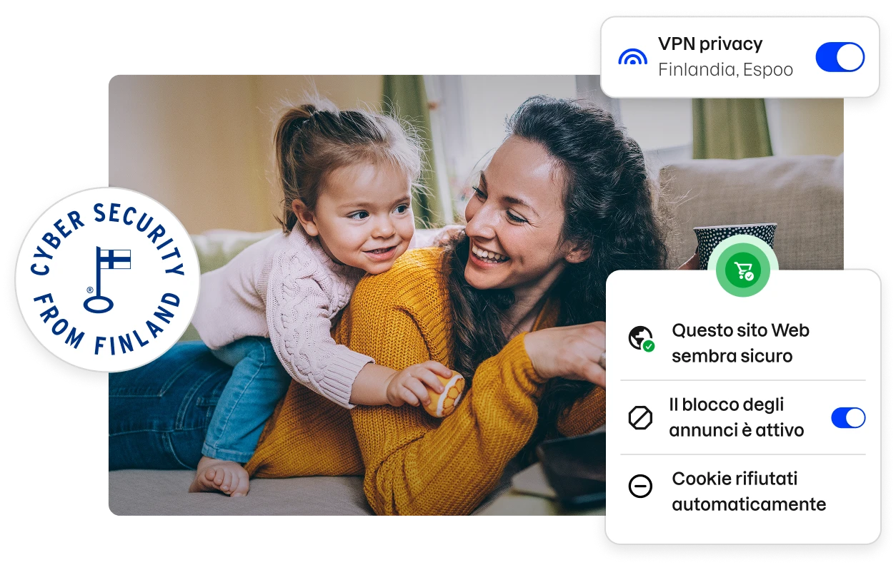 Un badge “Cyber security from Finland” e frammenti dell’interfaccia utente dell’app Total fiancheggiano una foto stock di madre e figlia sorridenti.