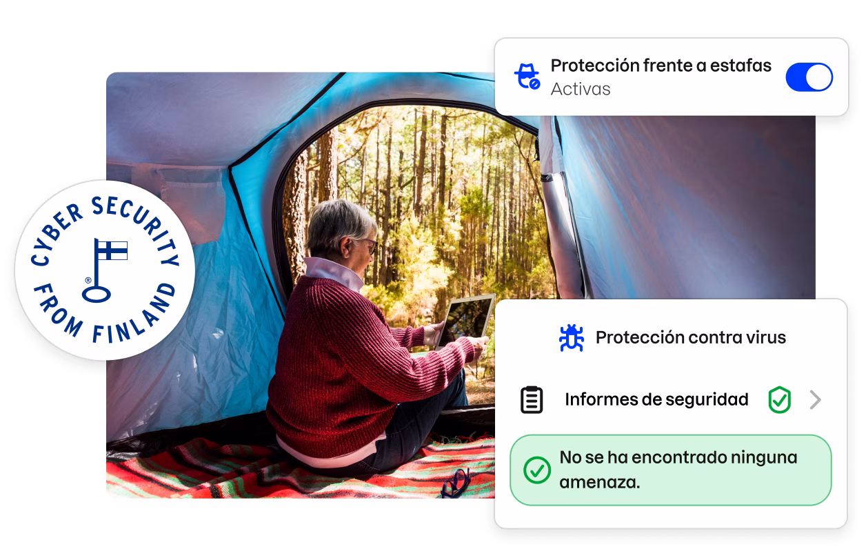 Una insignia con el lema «Ciberseguridad desde Finlandia» y fragmentos de la interfaz de usuario de la aplicación Total que rodean la imagen de una mujer mirando una tableta dentro de una tienda de campaña.