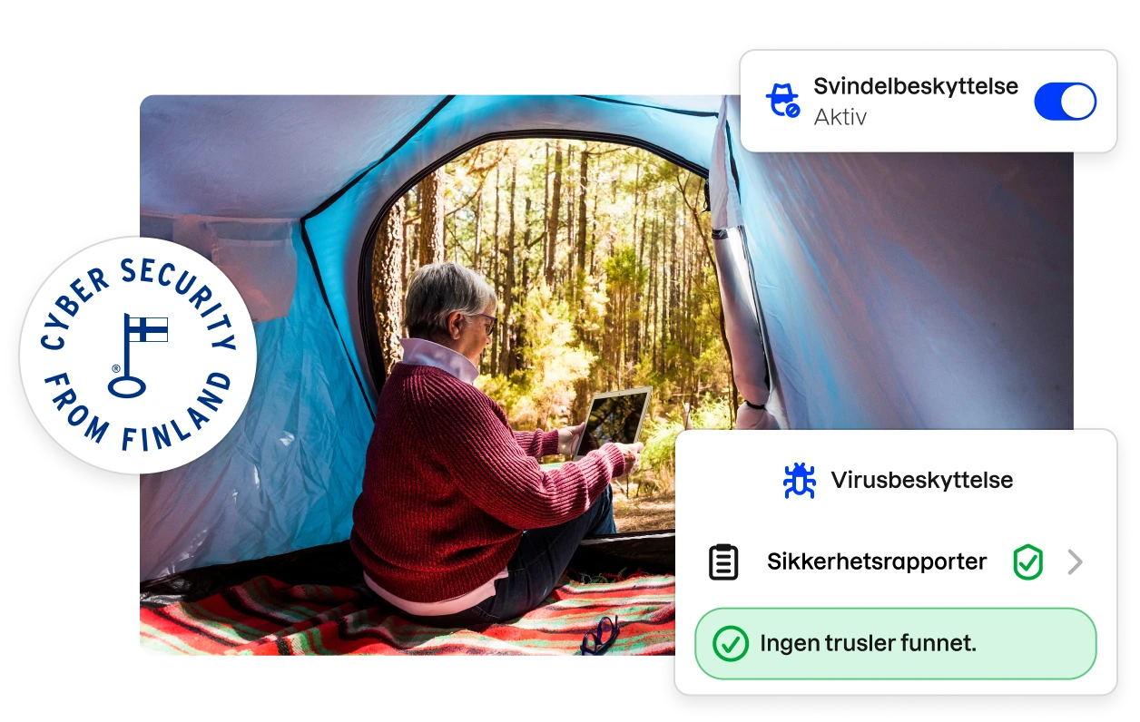 Et «Cybersikkerhet fra Finland»-merke og fragmenter av Total-appens brukergrensesnitt som omgir et bilde av en kvinne som ser på en nettbrett inne i et telt.