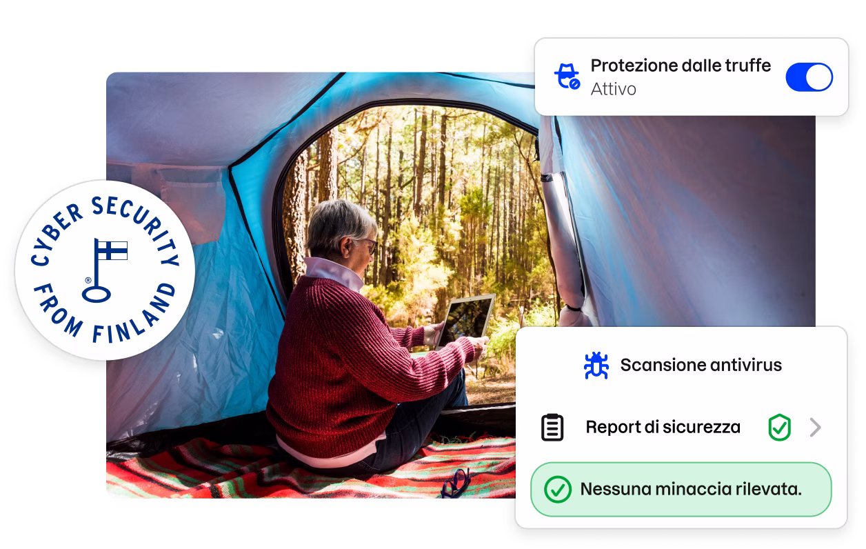 Un badge «Cyber security from Finland» e frammenti dell’interfaccia utente dell’app Total che circondano l’immagine di una donna che guarda un tablet all’interno di una tenda.