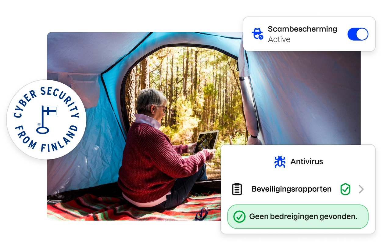 Een badge met de tekst „Cyber security from Finland” en fragmenten van de gebruikersinterface van de Total-app rondom een afbeelding van een vrouw die naar een tablet kijkt in een tent.