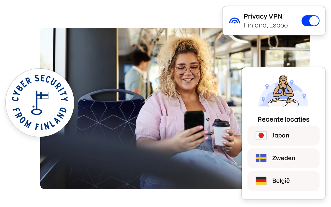 Een badge met de tekst „Cyber security from Finland” en fragmenten van de gebruikersinterface van de Total-app rondom een afbeelding van een vrouw die in een bus zit en naar haar telefoon kijkt.