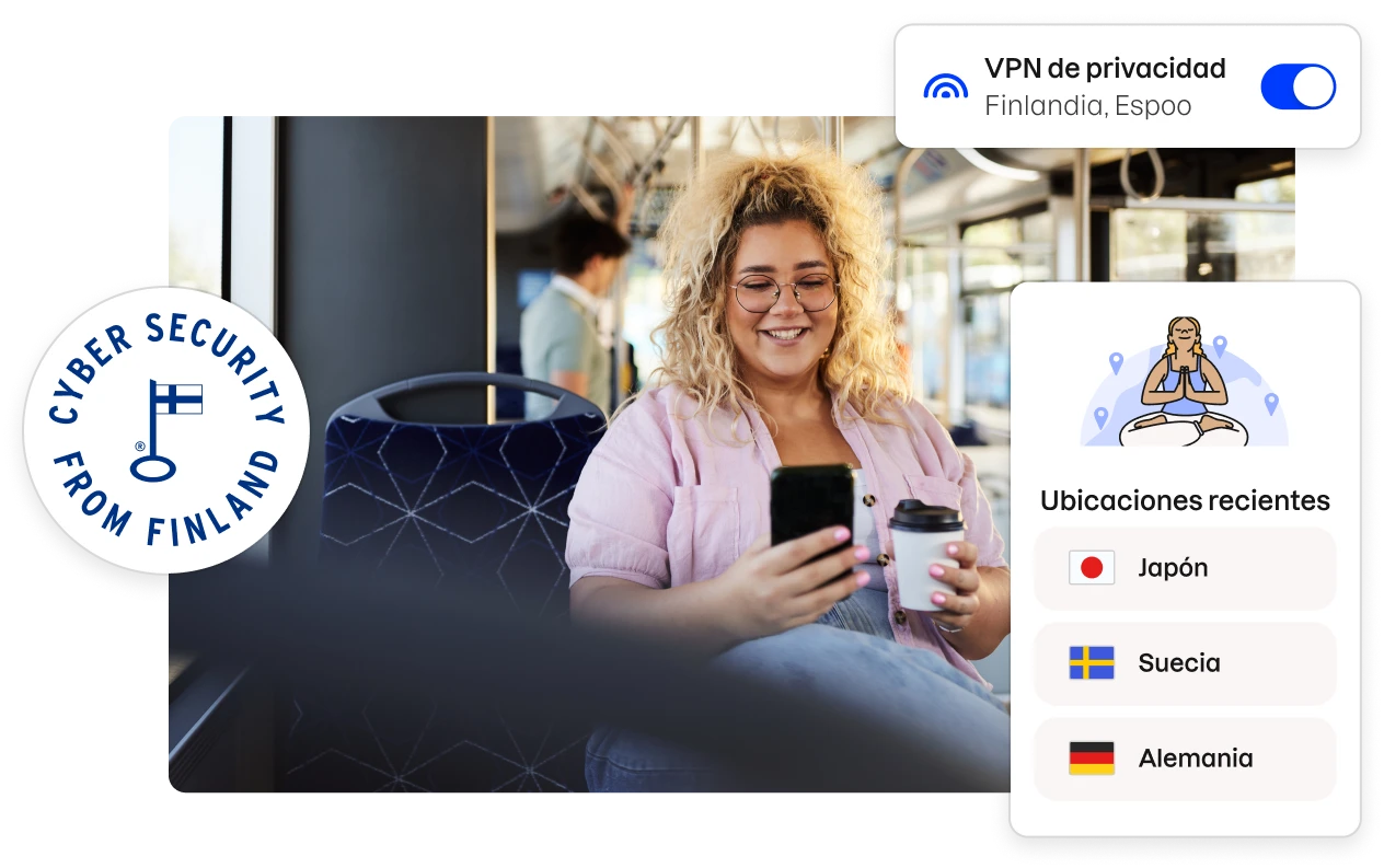 Una insignia con el lema «Ciberseguridad desde Finlandia» y fragmentos de la interfaz de usuario de la aplicación Total que rodean la imagen de una mujer sentada en un autobús, mirando su teléfono.