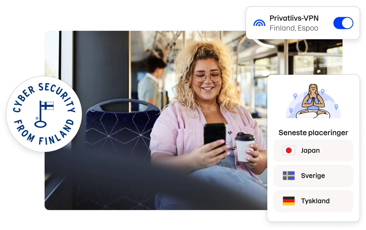Et »Cybersikkerhed fra Finland«-badge og fragmenter af Total-appens brugergrænseflade omkranser et billede af en kvinde, der sidder i en bus og kigger på sin telefon.
