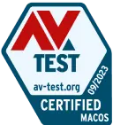 An AV-TEST logo issued 09/2023 for products certified for MacOS.