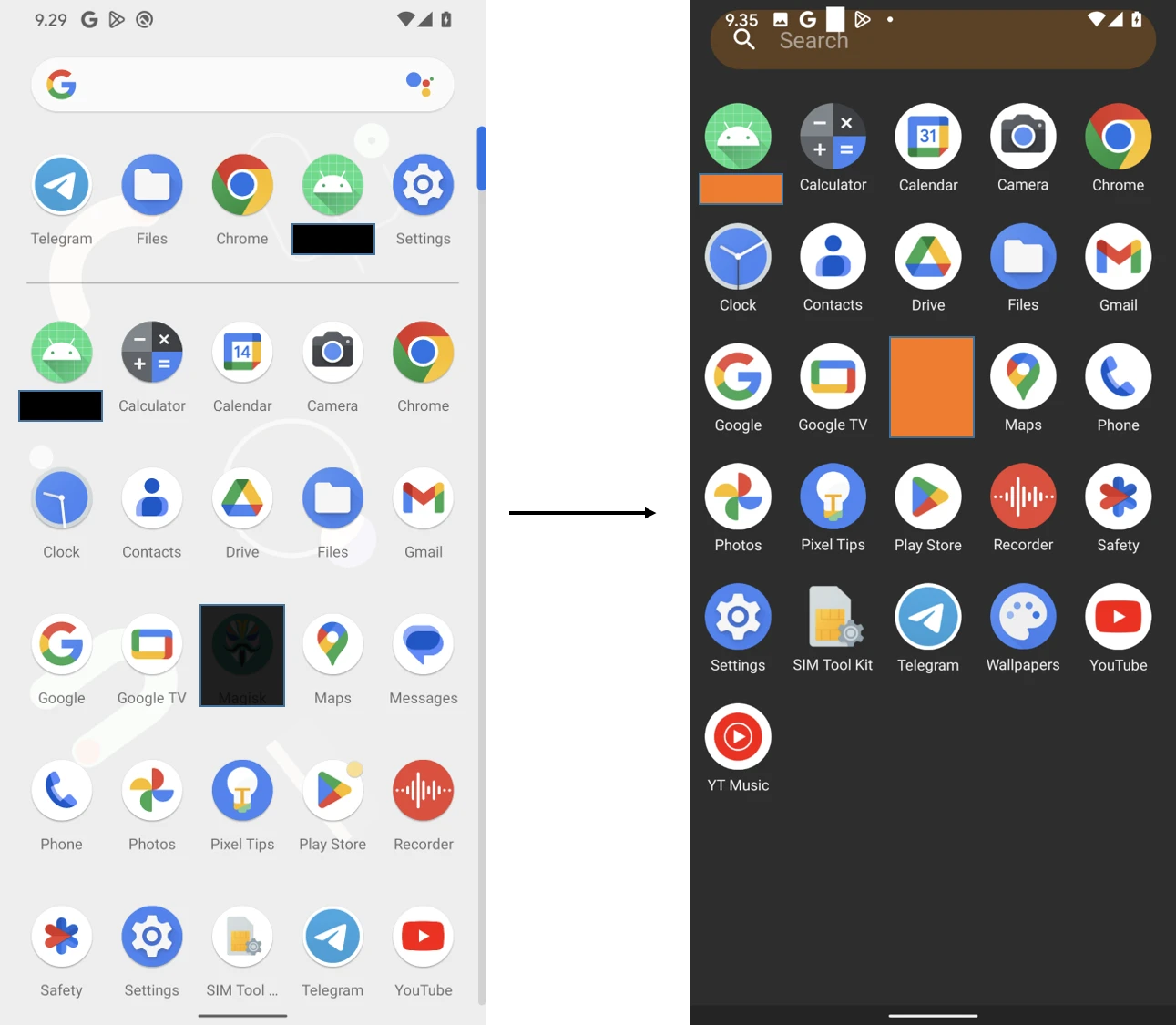 Two screenshots side by side of an Android system tray, before and after the malware has edited it.