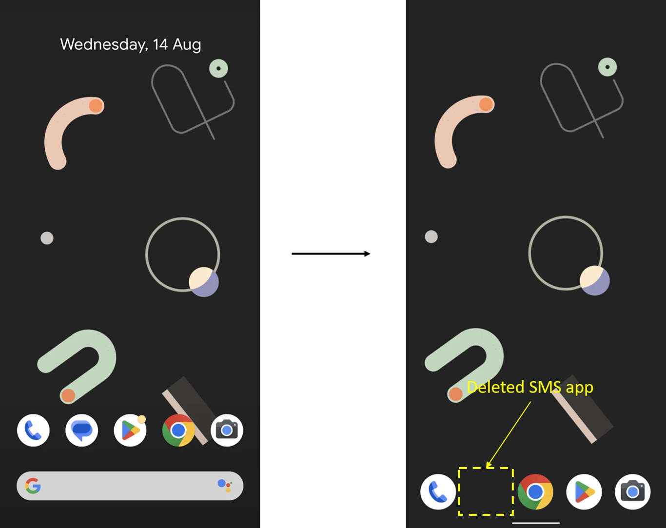 Two screenshots side by side of an Android home screen, the first one with the default SMS app icon present; the second one without it.