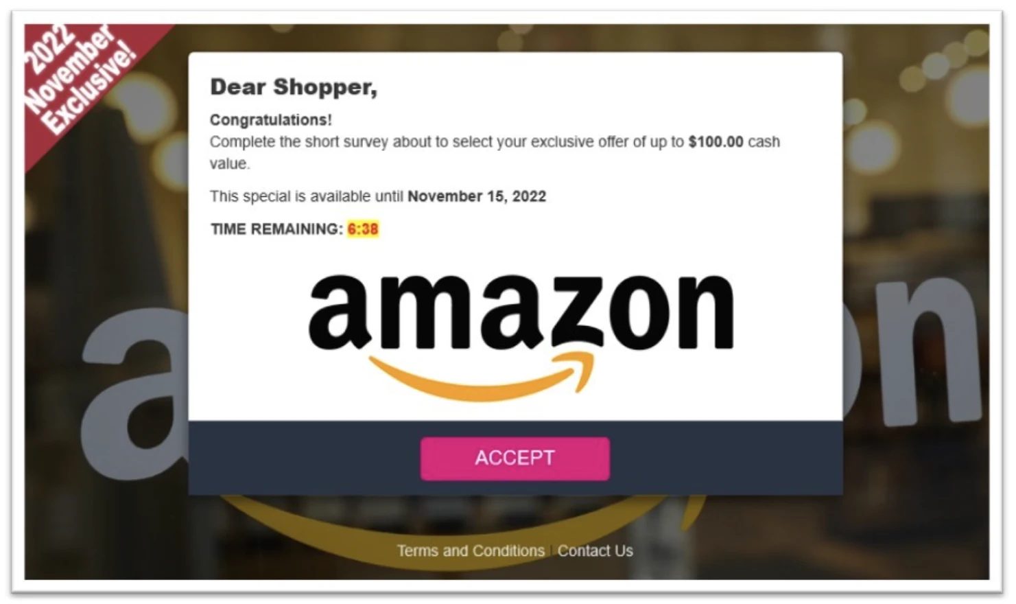 A website popover with a big Amazon logo on it, prompting the user to ”complete the short survey about to select your exclusive offer”.