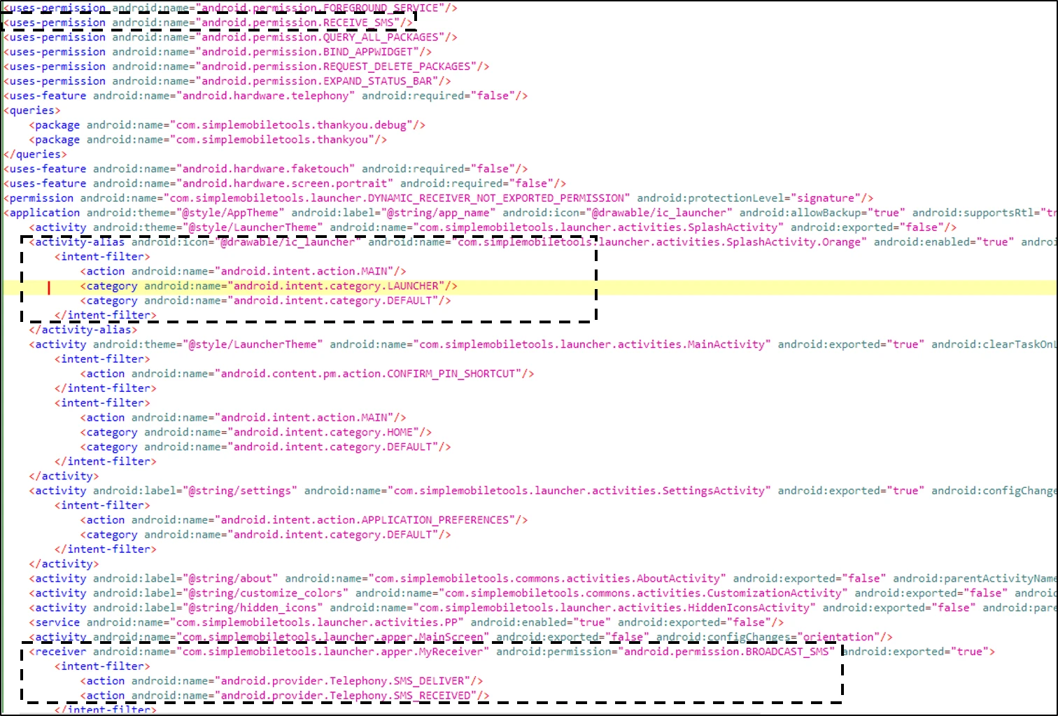 A screenshot of an AndroidManifest.xml file opened in a code editor, with “noteworthy aspects” marked with dashed rectangles.