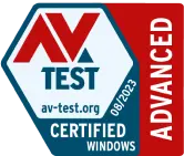 An AV-TEST logo issued 08/2023 for “ADVANCED” products certified for Windows.