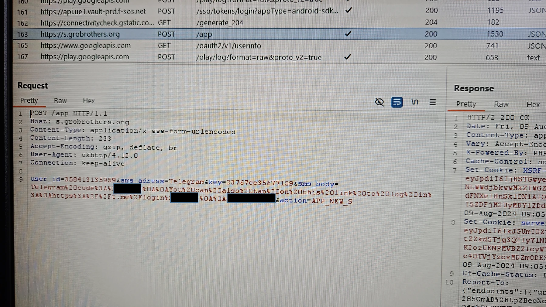 A closeup photo of a computer display showing the results of a POST request the malware has made.