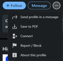 A screenshot of where in the Linkedin UI the “About this profile” menu item can be found.