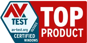 An AV-TEST logo issued 10/2023 for a “TOP PRODUCT” certified for Windows.