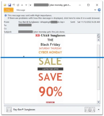Screenshot of a fake Ray-Ban email, promoting a 90% Black Friday discount.