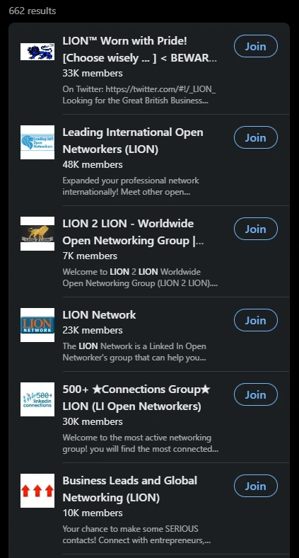 6/662 search results on Linkedin for the term “LION” (Linkedin Open Networker).