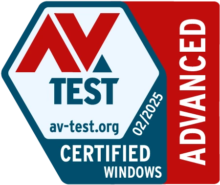 AV-TEST logo issued 2/2025 for “ADVANCED” products certified for Windows.
