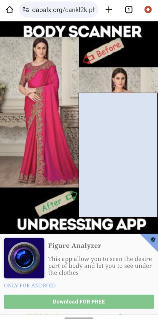A screenshot of a scam “undressing app” website, with “Before” and “After” (using the app) pictures of a lady.