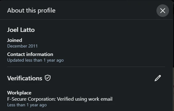 A screenshot of the “About this profile” popover in the Linkediin UI, containing profile information of the author of this article.