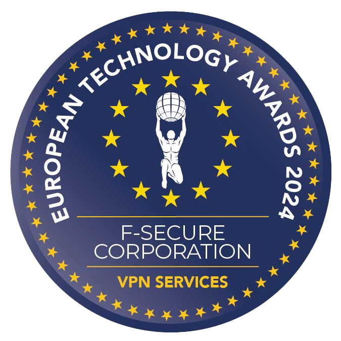 F-Securelle ”vertaansa vailla olevista” VPN-palveluista 2024 myönnetty European Technology Awards -logo.