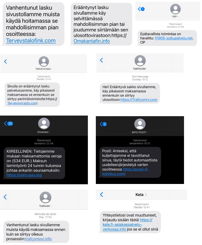 Example screenshots of scam text messages (in Finnish) detected by F-Secure.