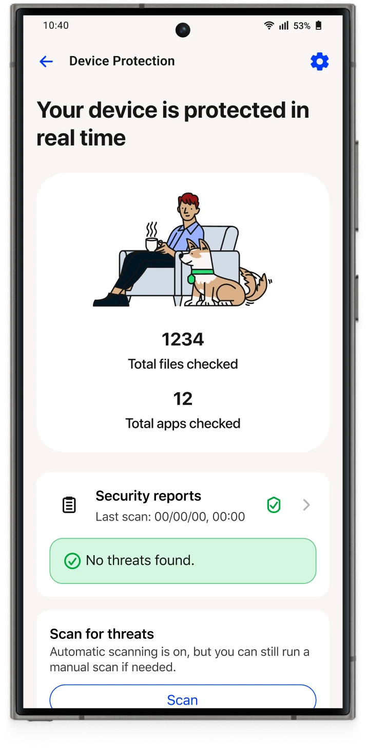 De weergave “Apparaatbeveiliging” van de Total UI op een telefoonscherm met de tekst “Uw apparaat is in realtime beveiligd” en “Geen bedreigingen gevonden”.